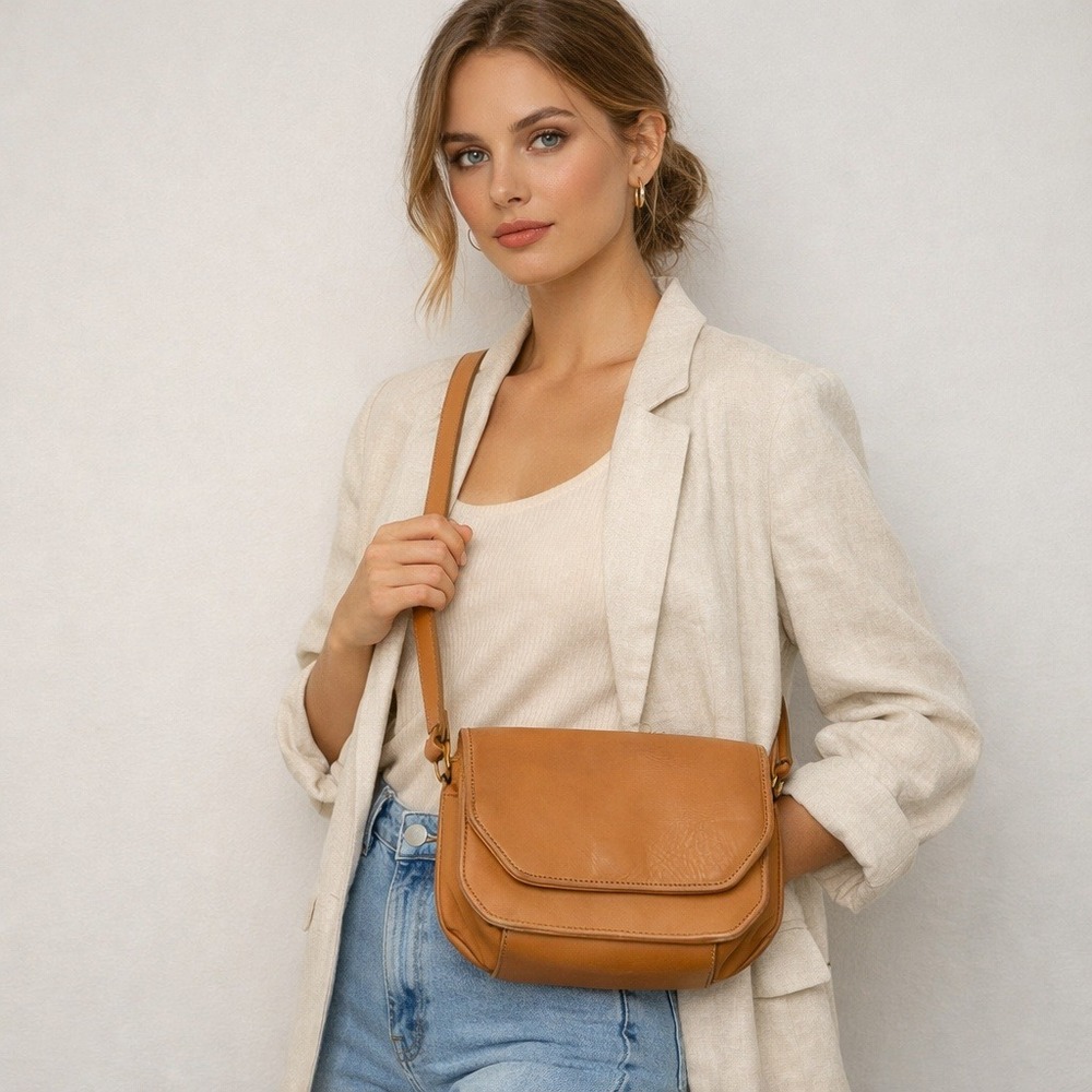 Vintage Wako Purse Tan Leather Crossbody Bag Flap Closure Shoulder Bag Camel